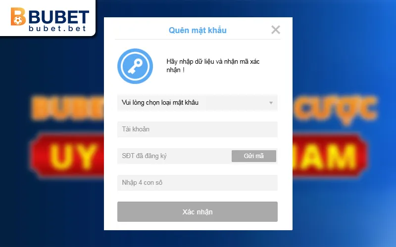 BUBET: Hướng dẫn đăng nhập và xử lý sự cố thường gặp 3 Giao diện khôi phục mật khẩu BUBET