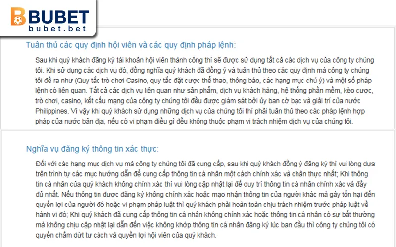 Điều kiện đăng ký tài khoản BUBET