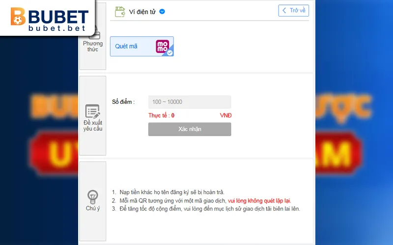 Giao diện hướng dẫn nạp tiền BUBET