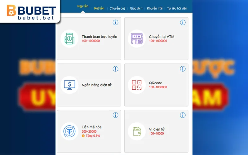 hướng dẫn nạp tiền BUBET phương thức mới nhất